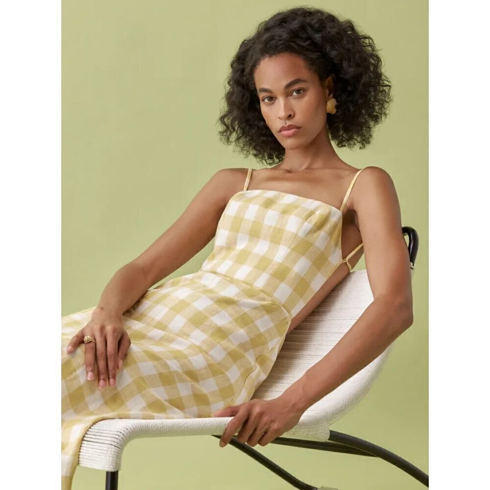 💕REFORMATION💕 Nia Linen Dress ~ Dandelion Check Yellow 12 NWT - Picture 2 of 13